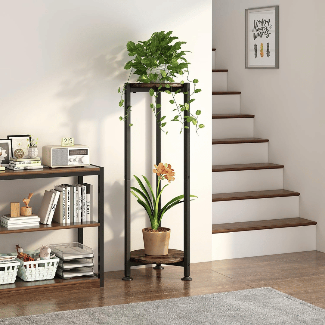 Two Tier Round Plant Stand with Oak Finish Shelves and Metal Frame