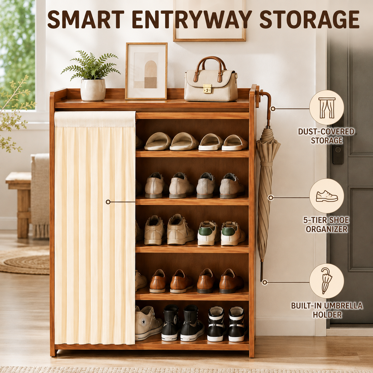 Multi Layer Bamboo Shoe Rack Cabinet with Dustproof Curtain