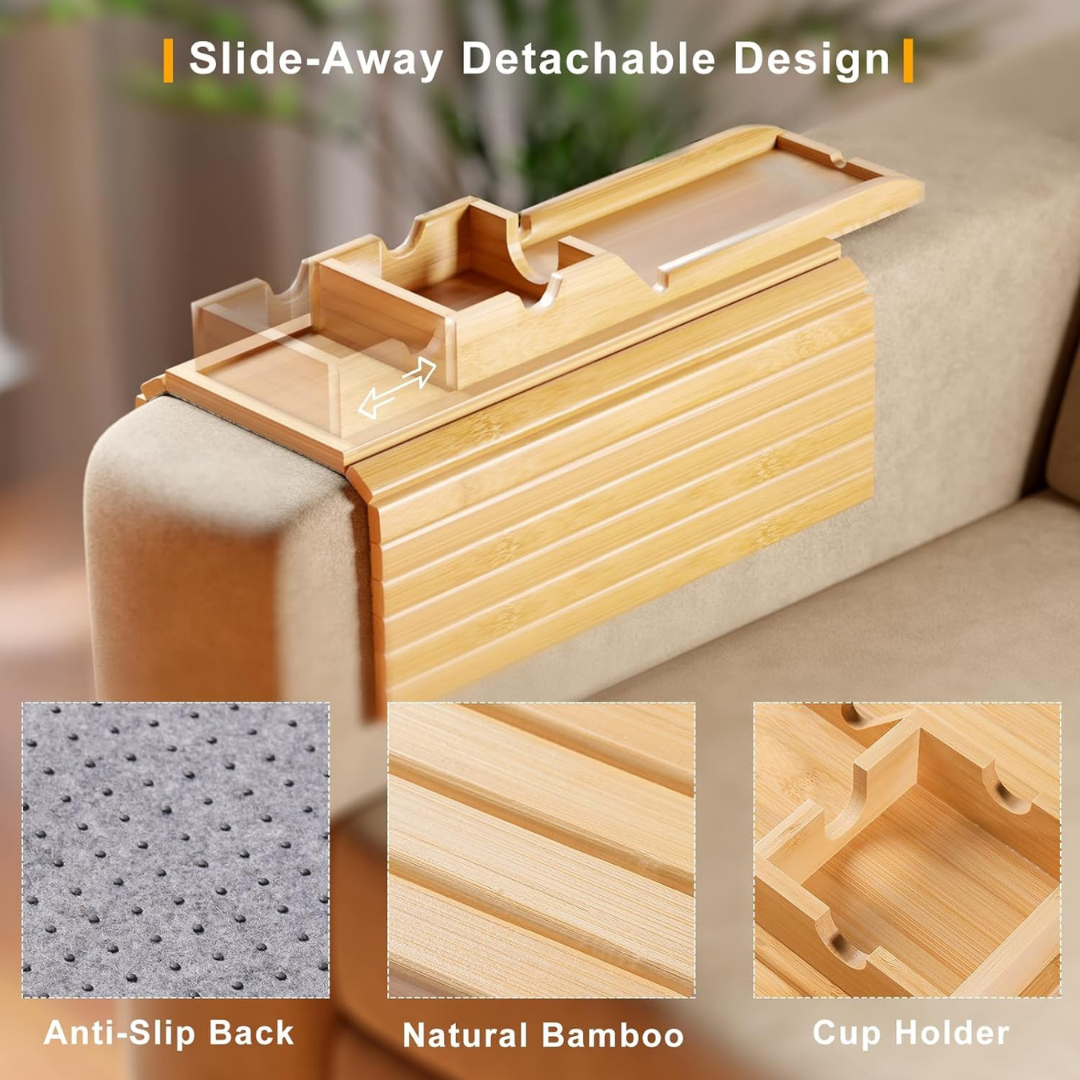Bamboo Sofa Armrest Tray with Detachable Cup Holder