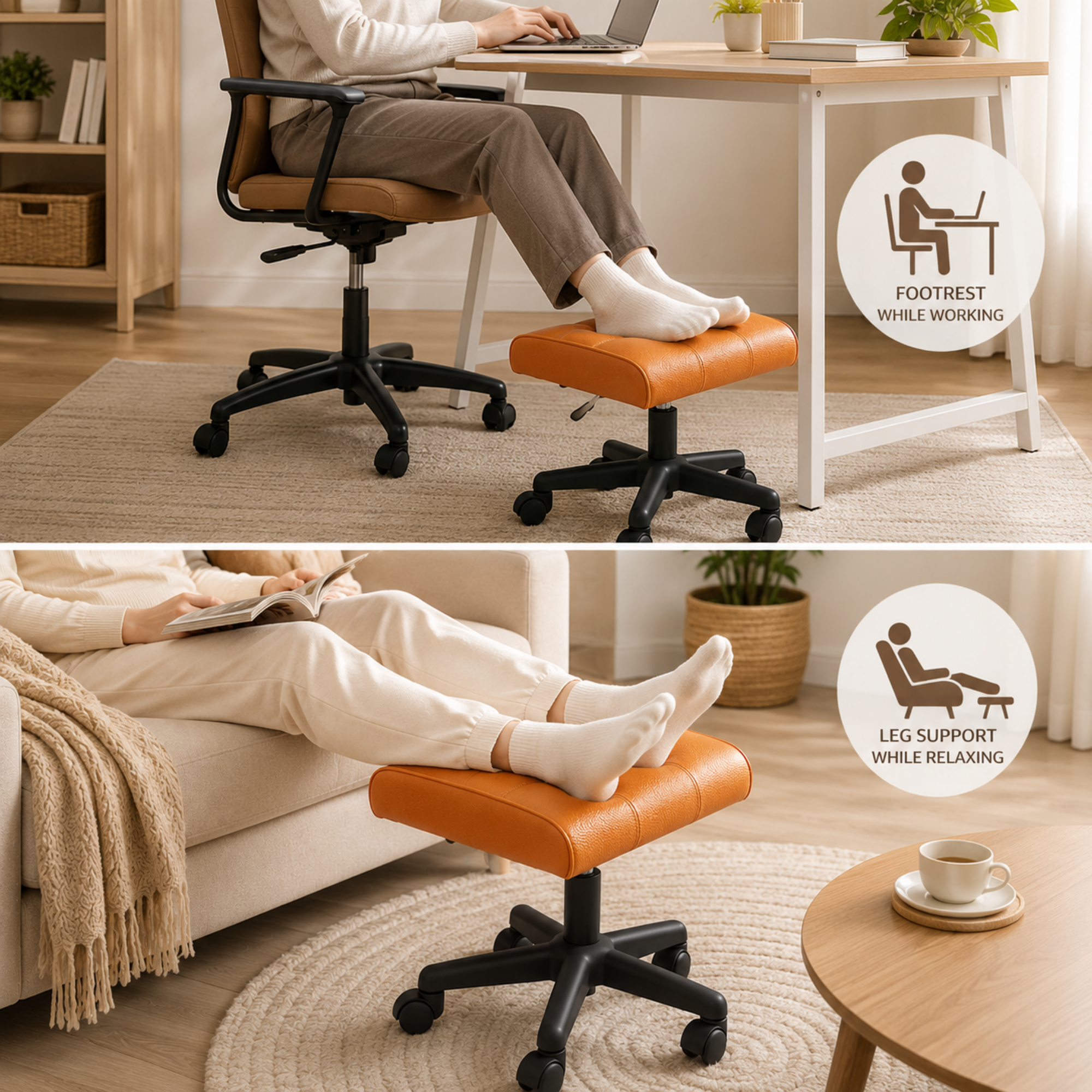 Adjustable Leather Footrest Stool with Thick Cushion