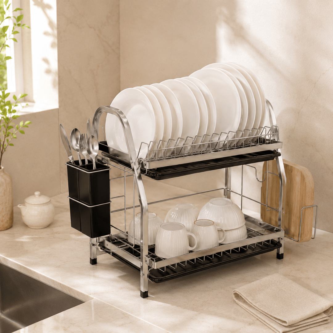 Two Tier Carbon Steel Dish Drainer Rack with Removable Drip Trays