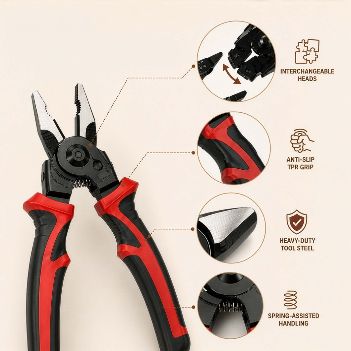 HOMERO 5 In 1 Multifunctional Interchangeable Head Heavy Duty Pliers Tool Set
