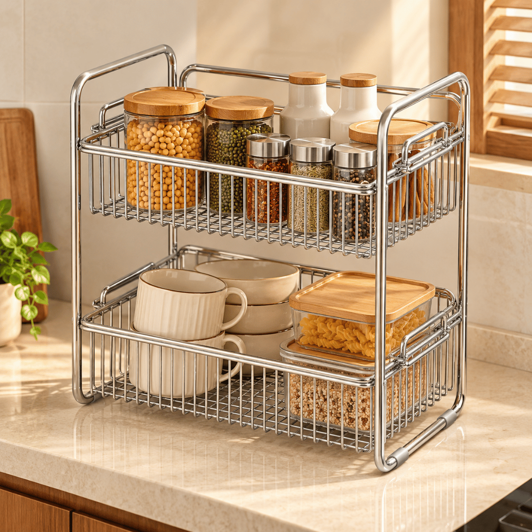 Premium 304 Stainless Steel Two Tier Countertop Storage Organizer Rack