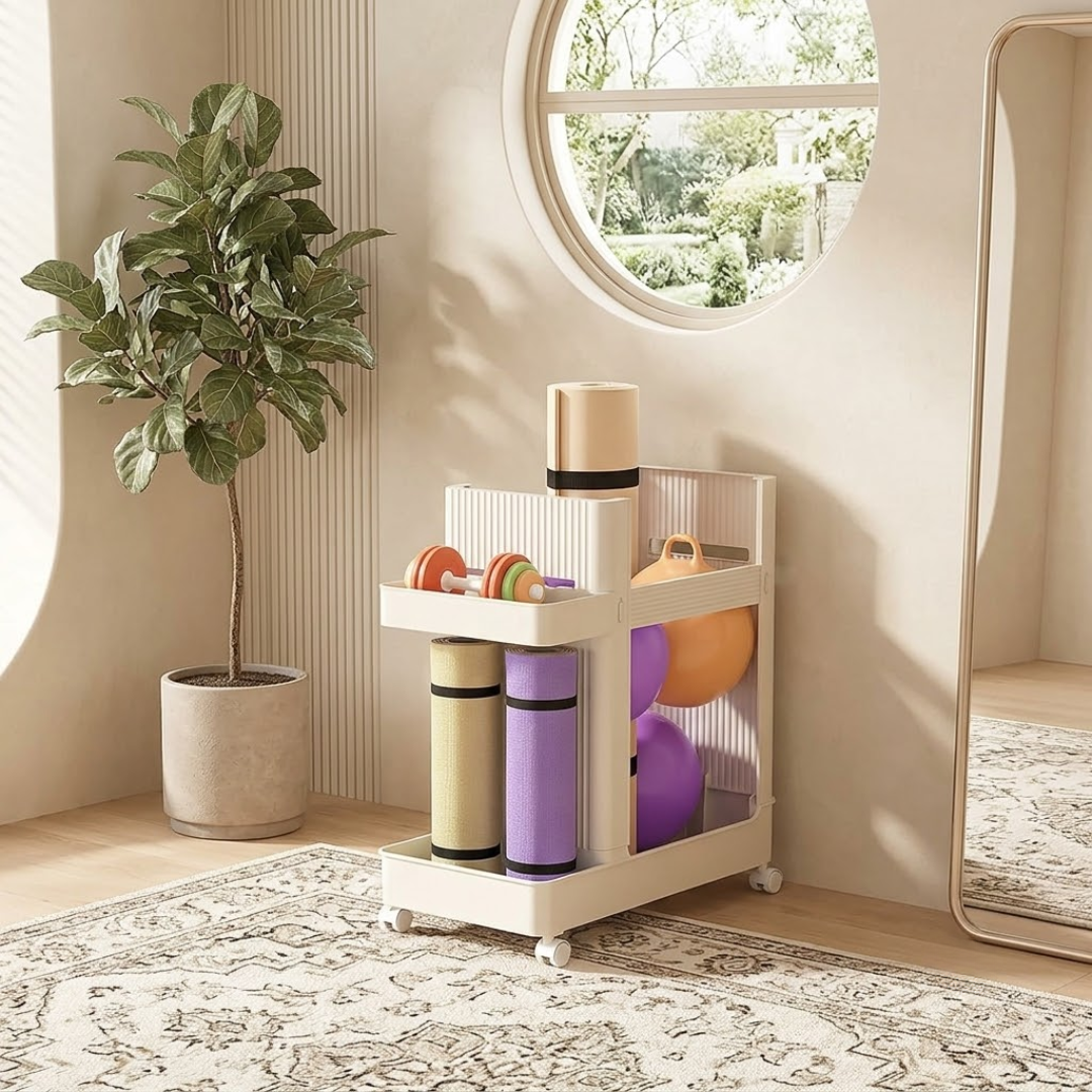 Multipurpose Yoga Mat and Fitness Equipment Storage Rack with Wheels