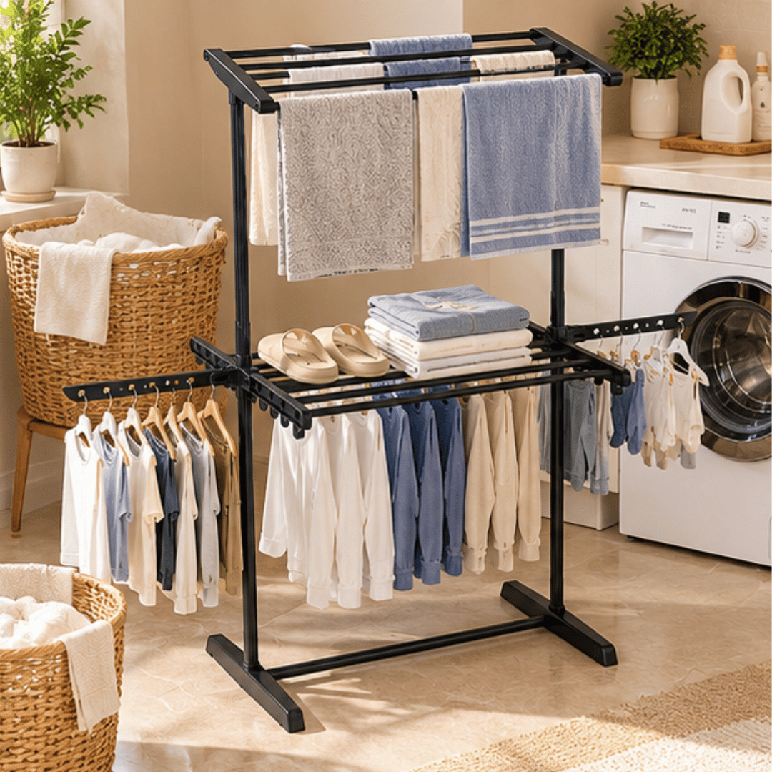 Multipurpose Two Tier Clothes Drying Stand with Hanger Slots and Accessory Hooks