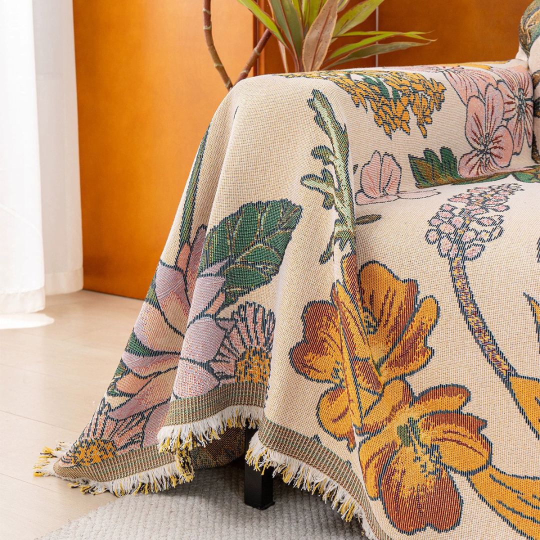 Soft Cotton Sofa Cover with Handwoven Fringe and Floral Texture