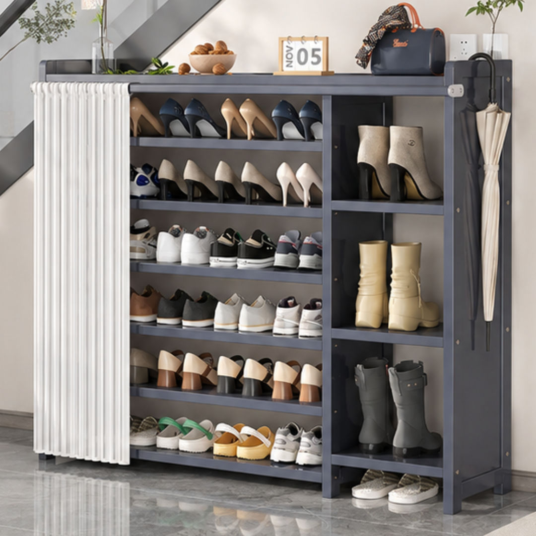 7 Tier Bamboo Shoe Rack Cabinet with Dustproof Curtain and Boot Storage
