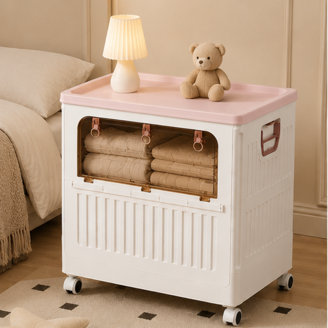 Portable Plastic Clothing Storage Cabinet with Clear Front Opening and Rolling Casters