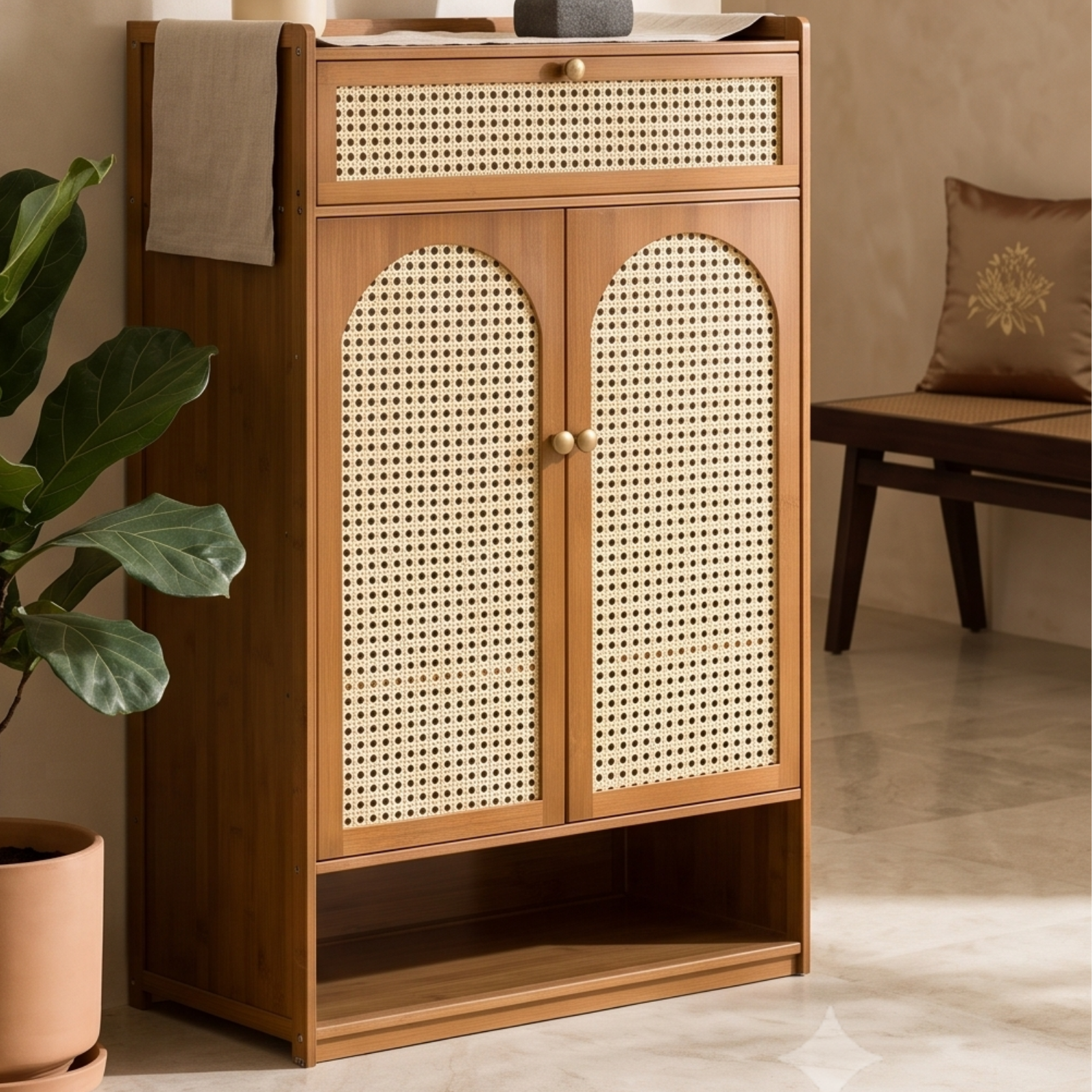 Bamboo Shoe Storage Cabinet with Rattan Mesh Doors and Drawer