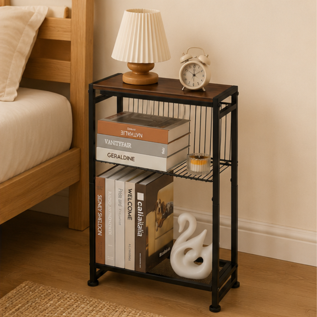 3-Tier Compact Bedside End Table with Magazine Holder and Metal Mesh Shelf