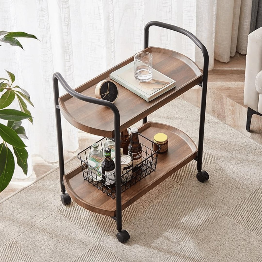 Double Layer Rolling Wooden Trolley With Wheels