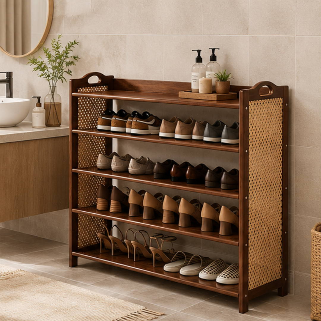 5 Tier Bamboo Shoe Rack with Woven Rattan Panels