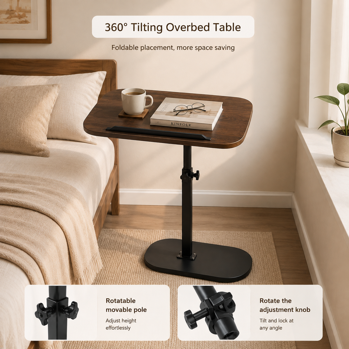 360° Swivel Adjustable C Shape Wooden Top Side Table