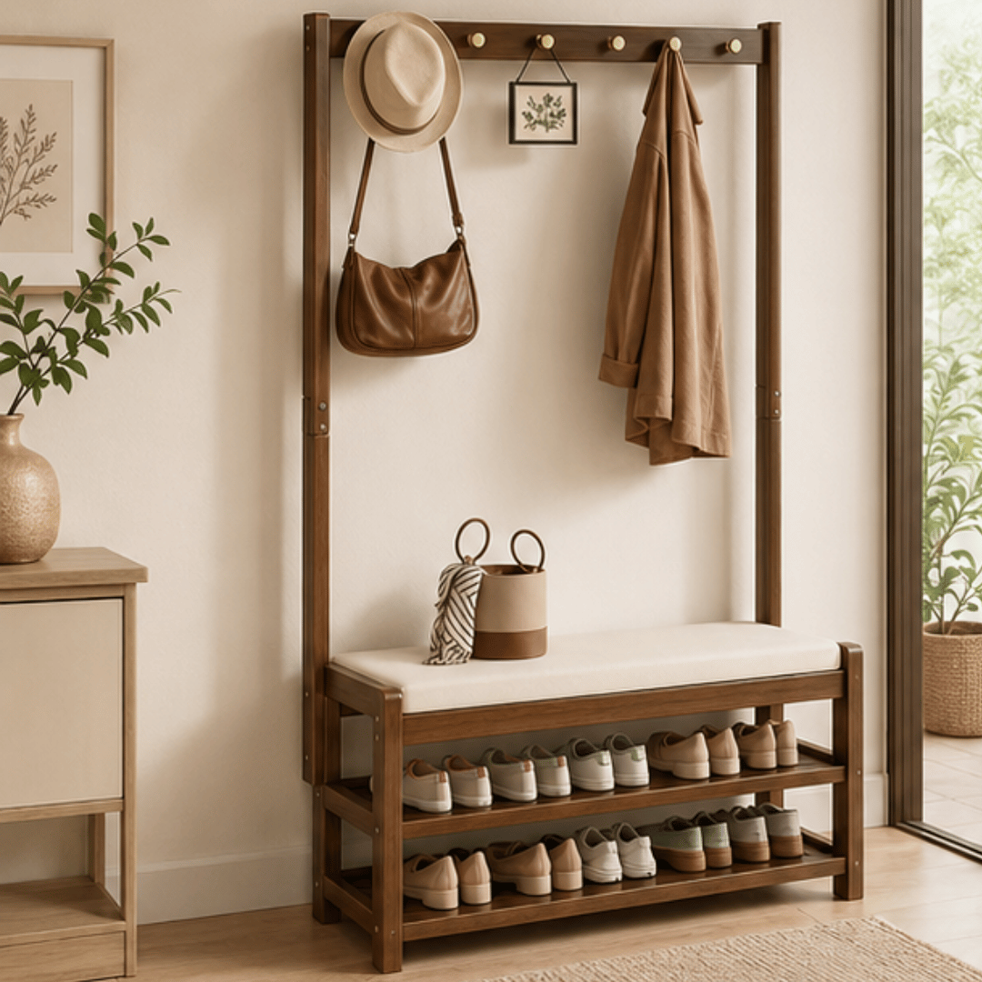 Multi Functional Bamboo Clothes Rack with Shoes Organizer Bench