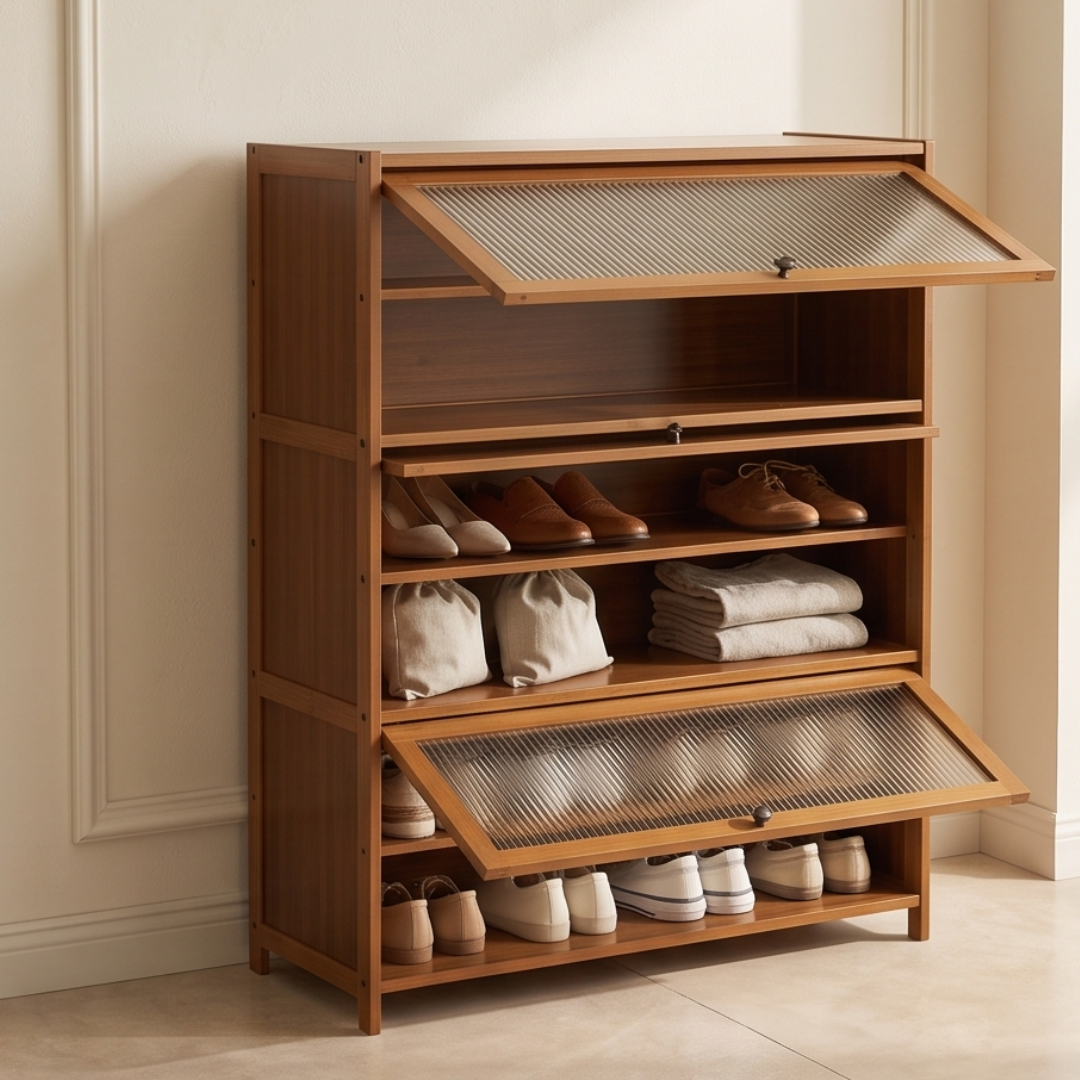 Multi-Tier Bamboo Shoe Rack with Transparent Flap Door