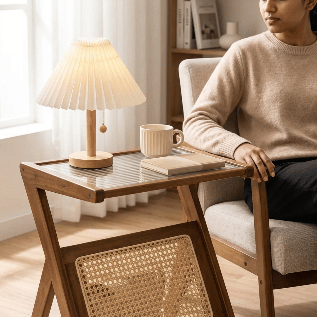 Elegant Z-Shape Boho Wooden Side Table with Toughened Glass Top