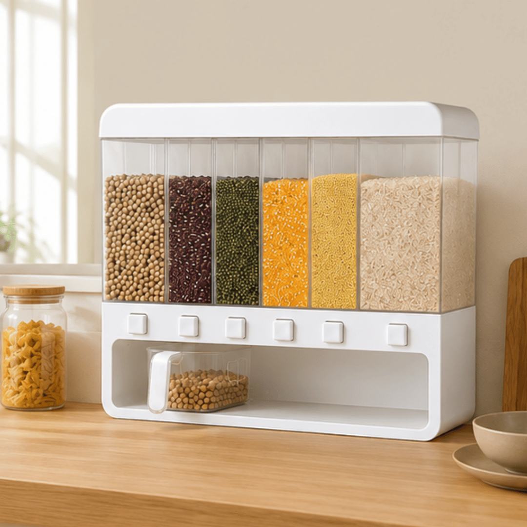 Six Compartment Airtight One Touch Grain Dispenser Storage Container With Measuring Cup