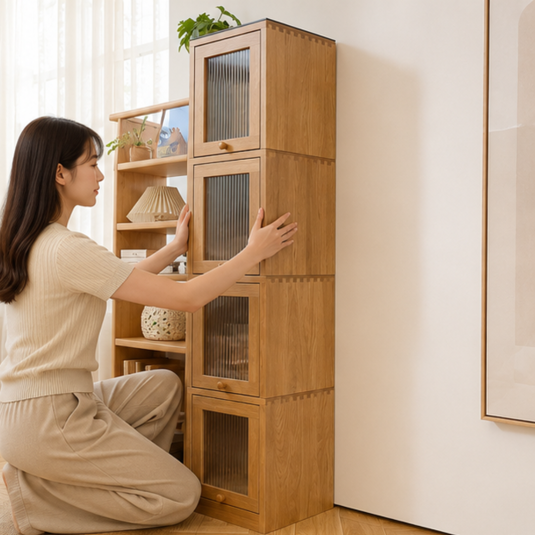 Premium Solid Oak Standalone Glass Door Storage Cabinet