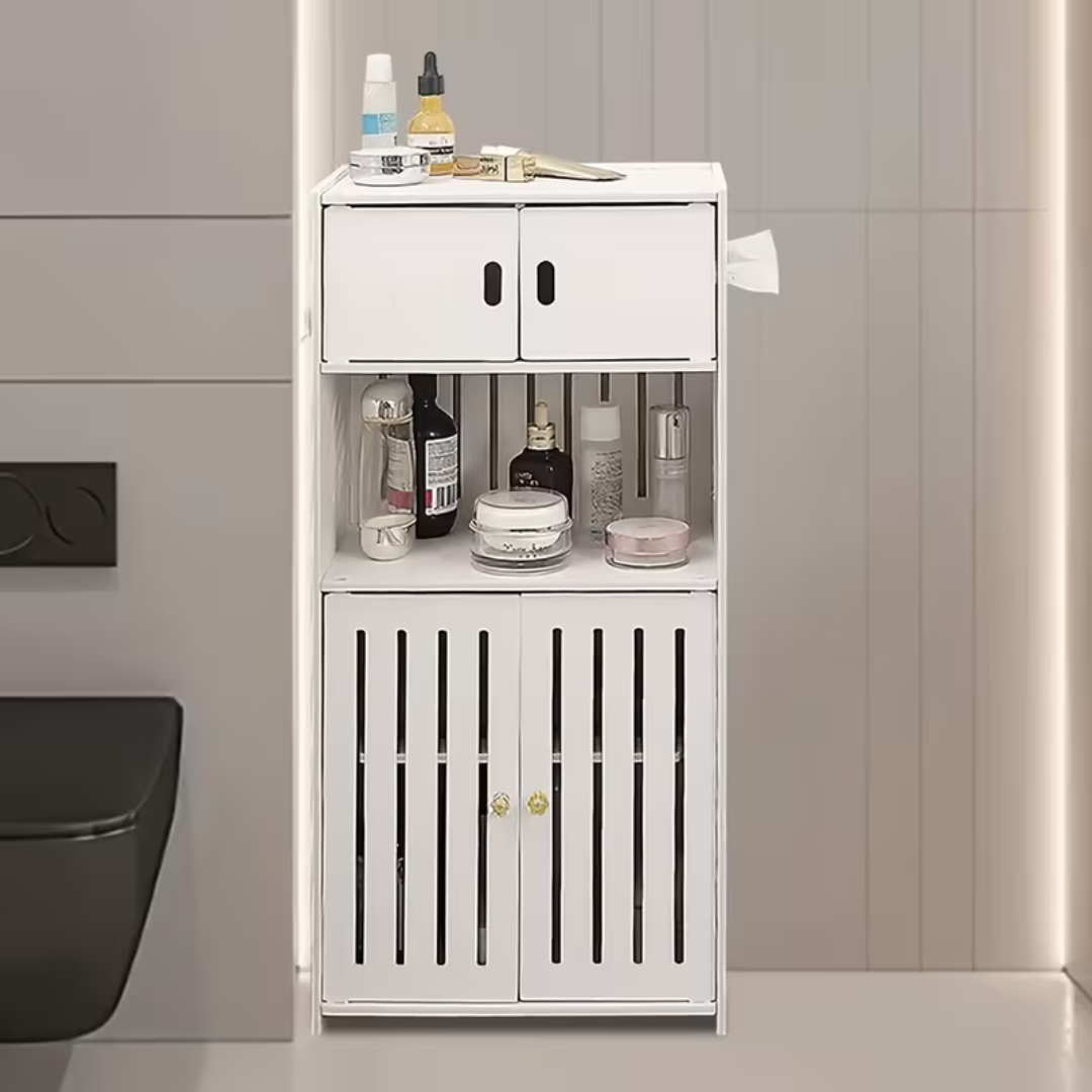 Multi-Use Storage Cabinet with Tissue Dispenser Shelves and Doors