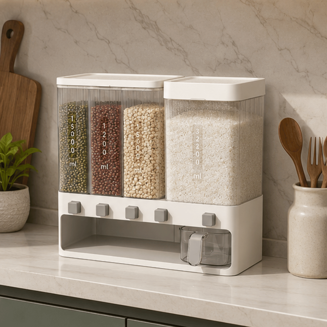 Multi Compartment Rice and Grain Dispenser with Press Dispensing & Measuring Cup