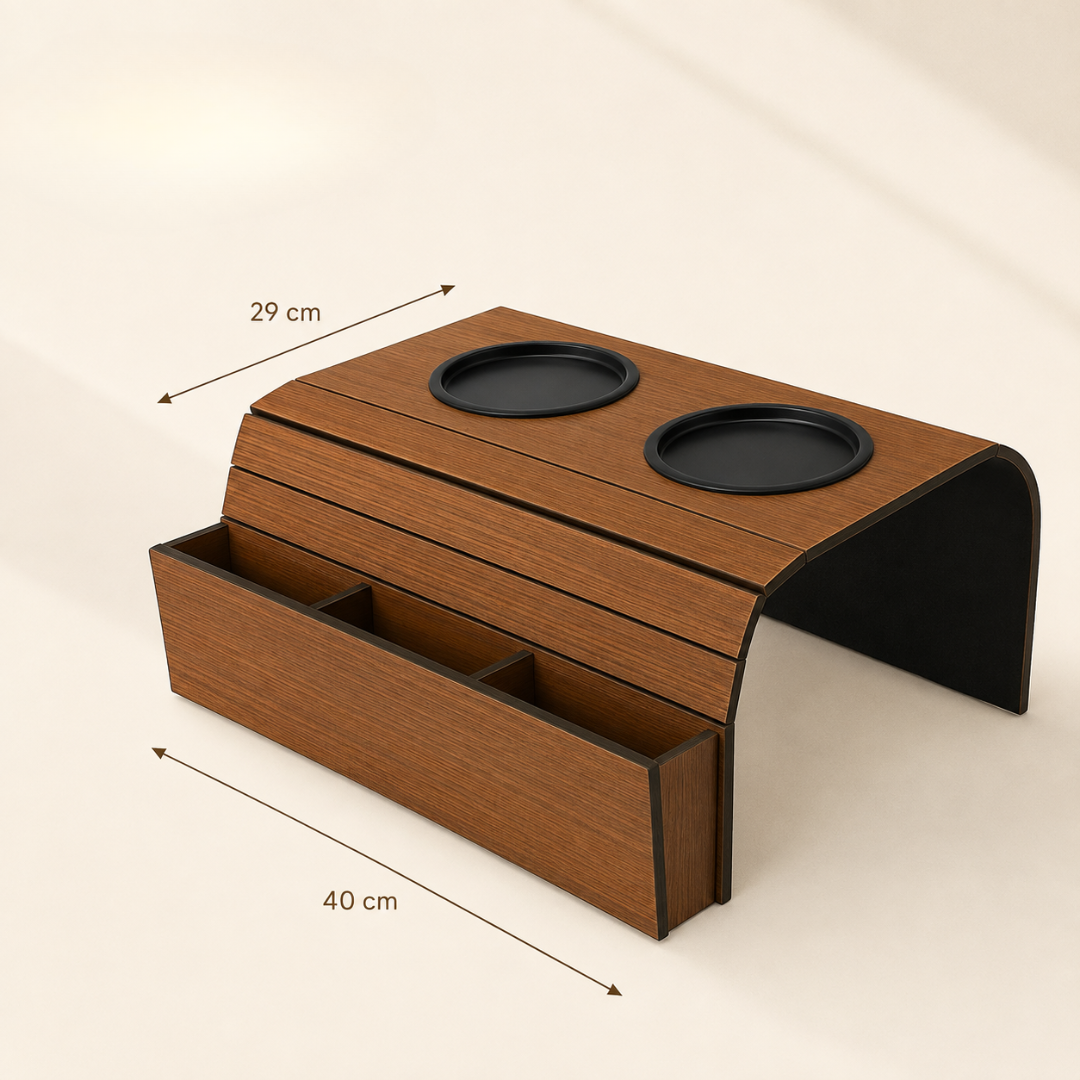 Flexible Wooden Sofa Armrest Tray Table With Dual Cup Holders And Remote Storage