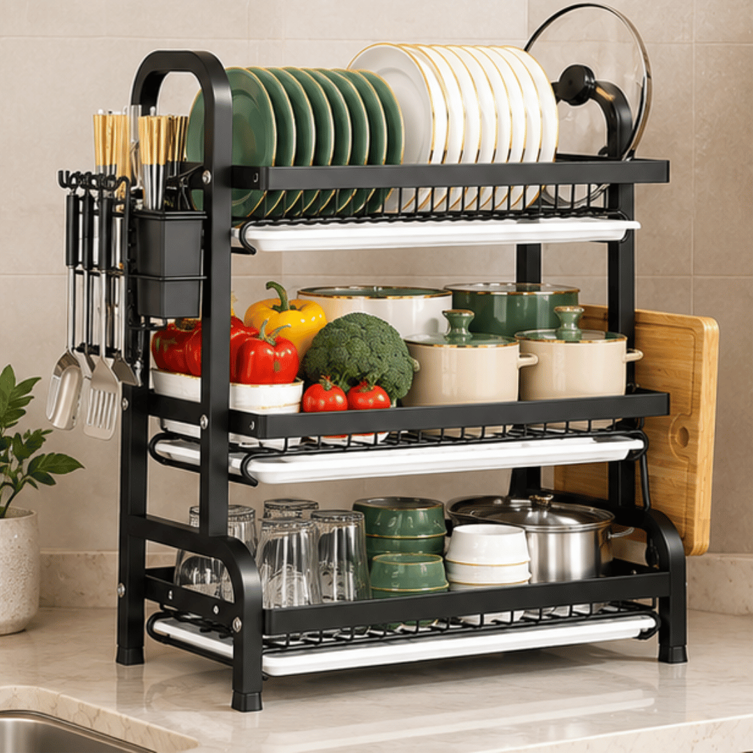 3 Tier Kitchen Dish Drying Rack with Drain Trays Cutlery Holder and Cutting Board Holder