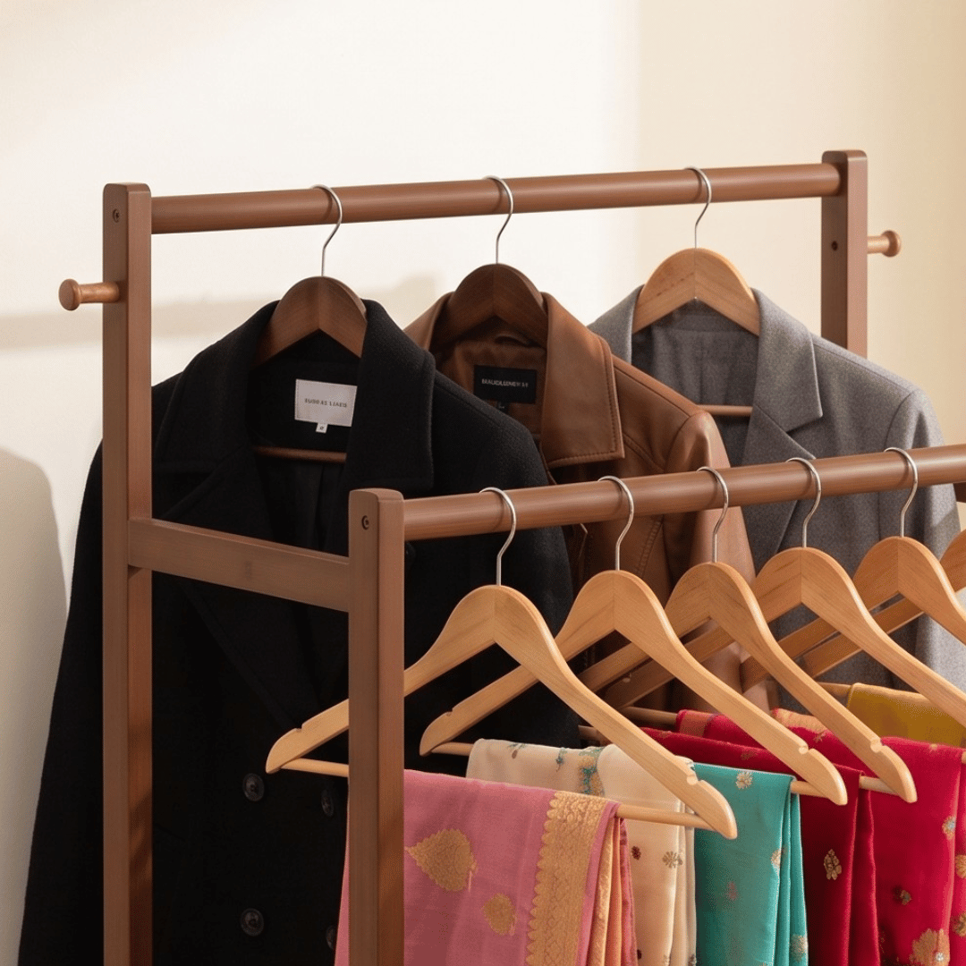 Multifunctional Bamboo Garment Rack with Double Hanging Rods & Rattan Cabinet Storage Shelf