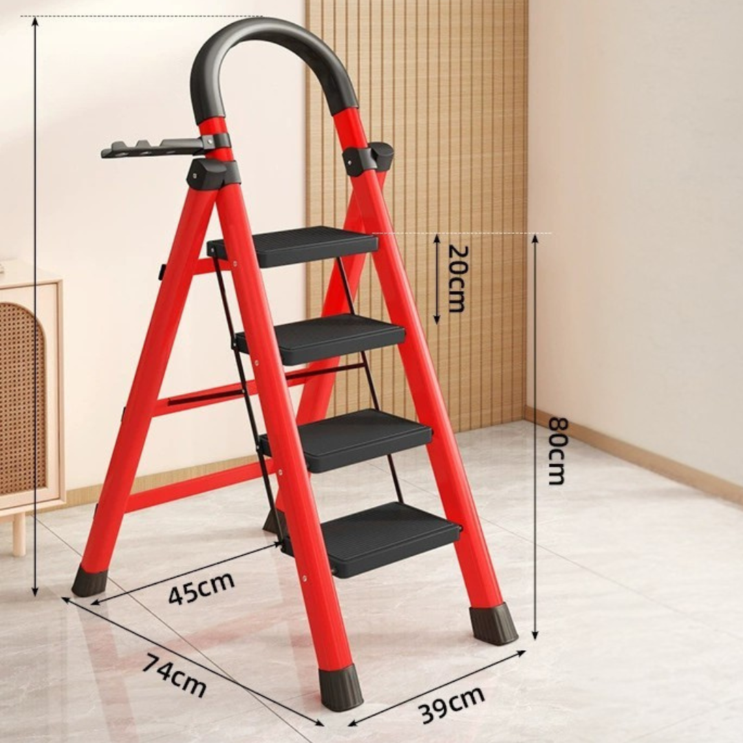 Foldable Carbon Steel Four Step Ladder with Handrail and Tool Tray