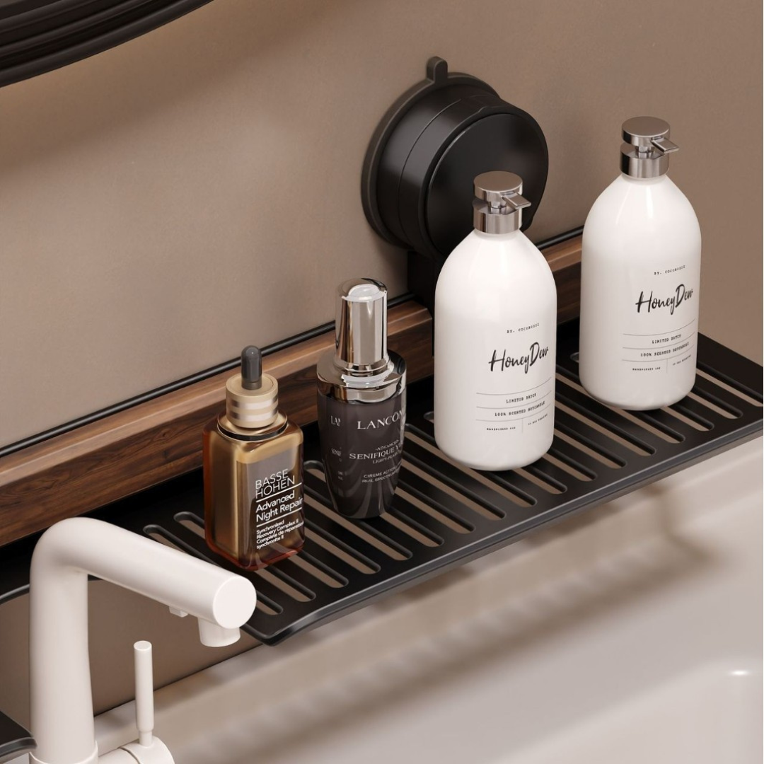 Homero Modern Walnut Faucet Rack Organizer With Drain Shelf