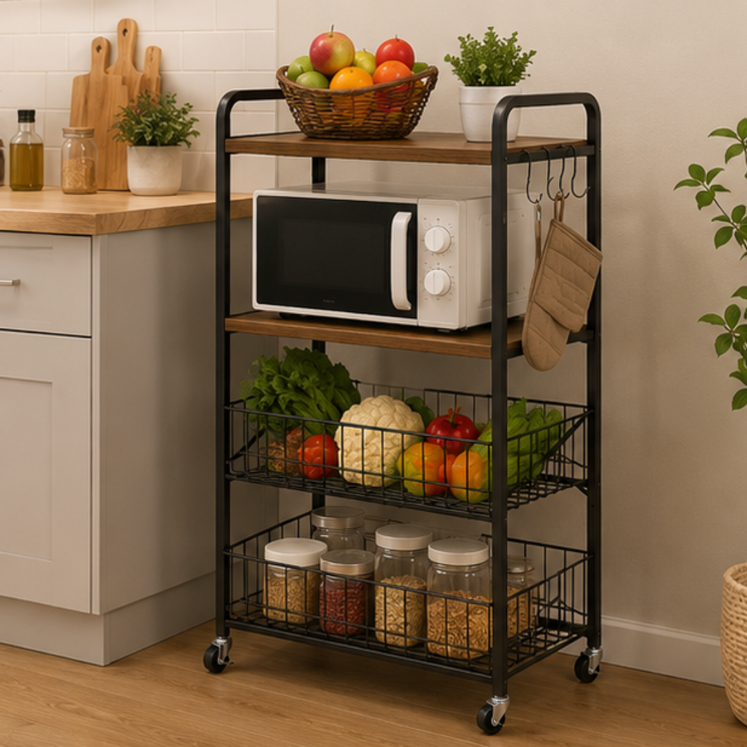 4 Tier Rolling Kitchen Storage Rack with Wooden Shelves & Wire Baskets