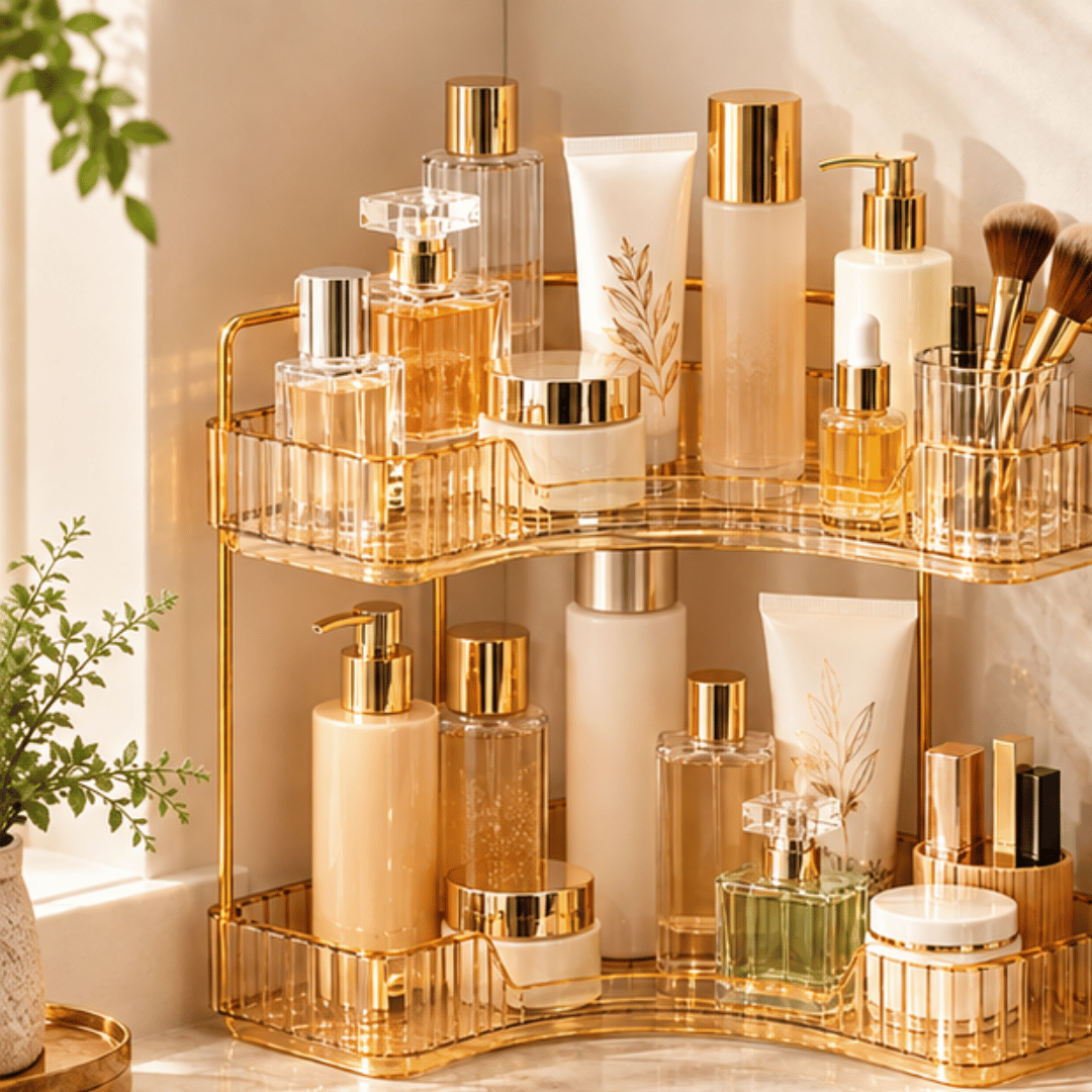 2 Tier Corner Bathroom Counter Organizer with Amber Gold Trays
