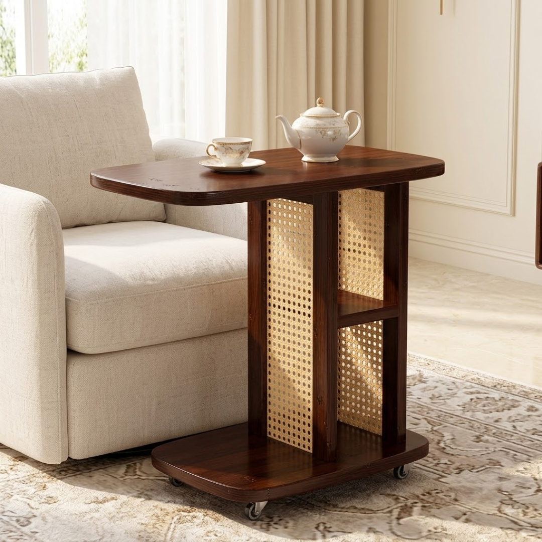 Wooden C Shaped Mobile Sofa Side Table with Woven Resin Storage