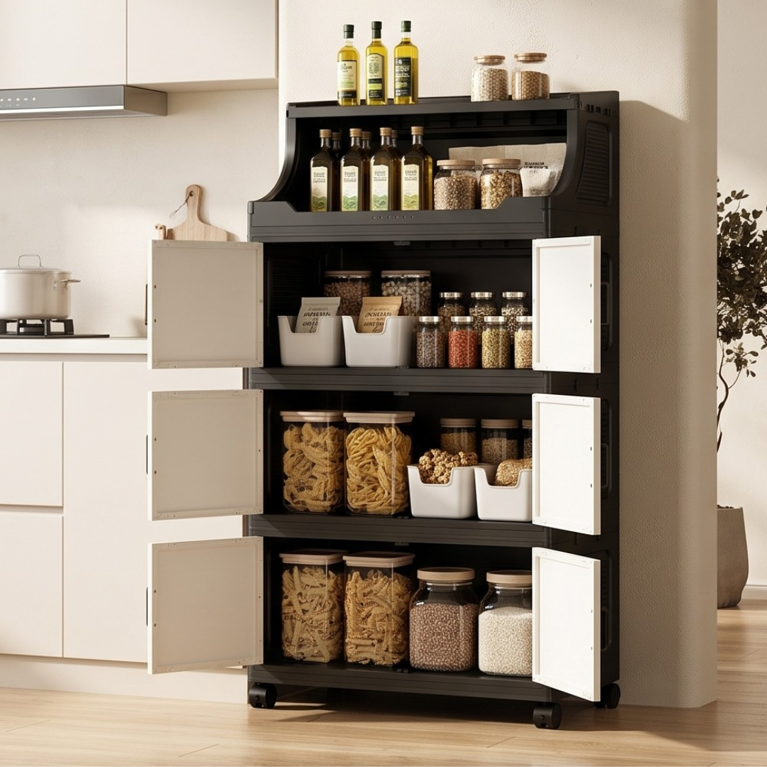 Multi Tier Folding Storage Cabinet with Wheels & Magnetic Doors