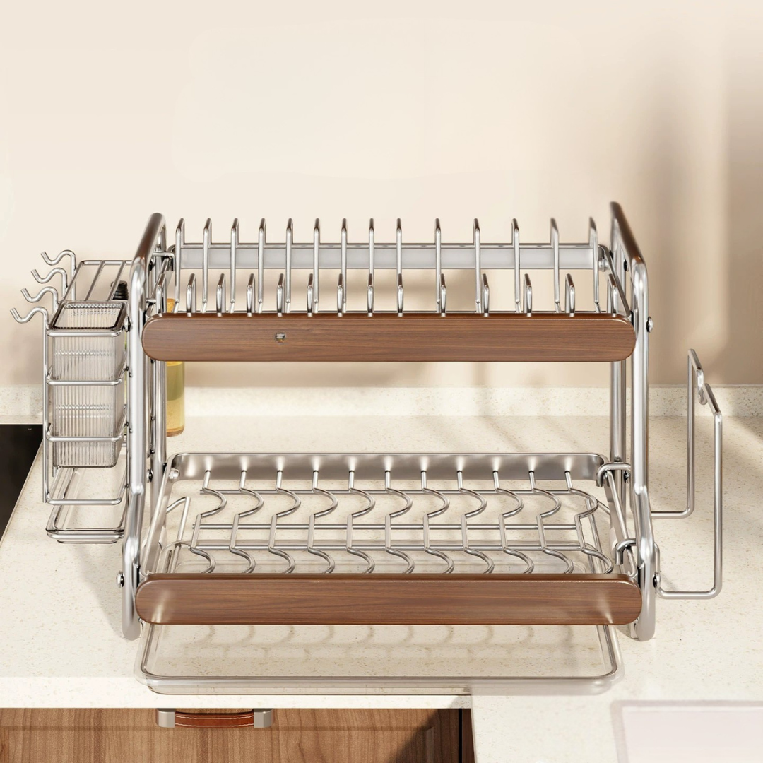 Premium Stainless Steel Dish Drying Rack with Solid Wood Storage Organizer