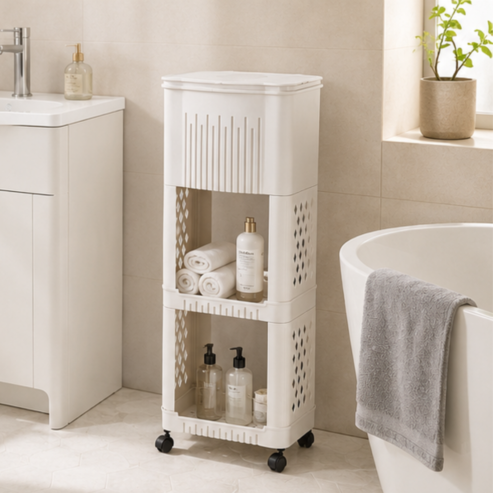Multi Purpose Slim Storage Trash Bin with Open Mesh Storage Shelves