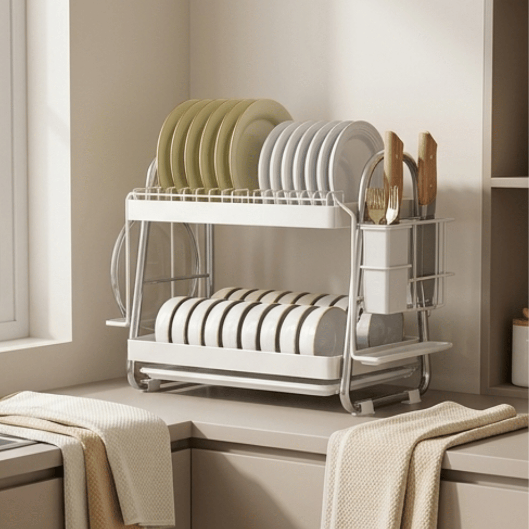 Premium Two Tier Carbon Steel Dish Rack With Cutlery Holder Knife Slots And Drip Tray