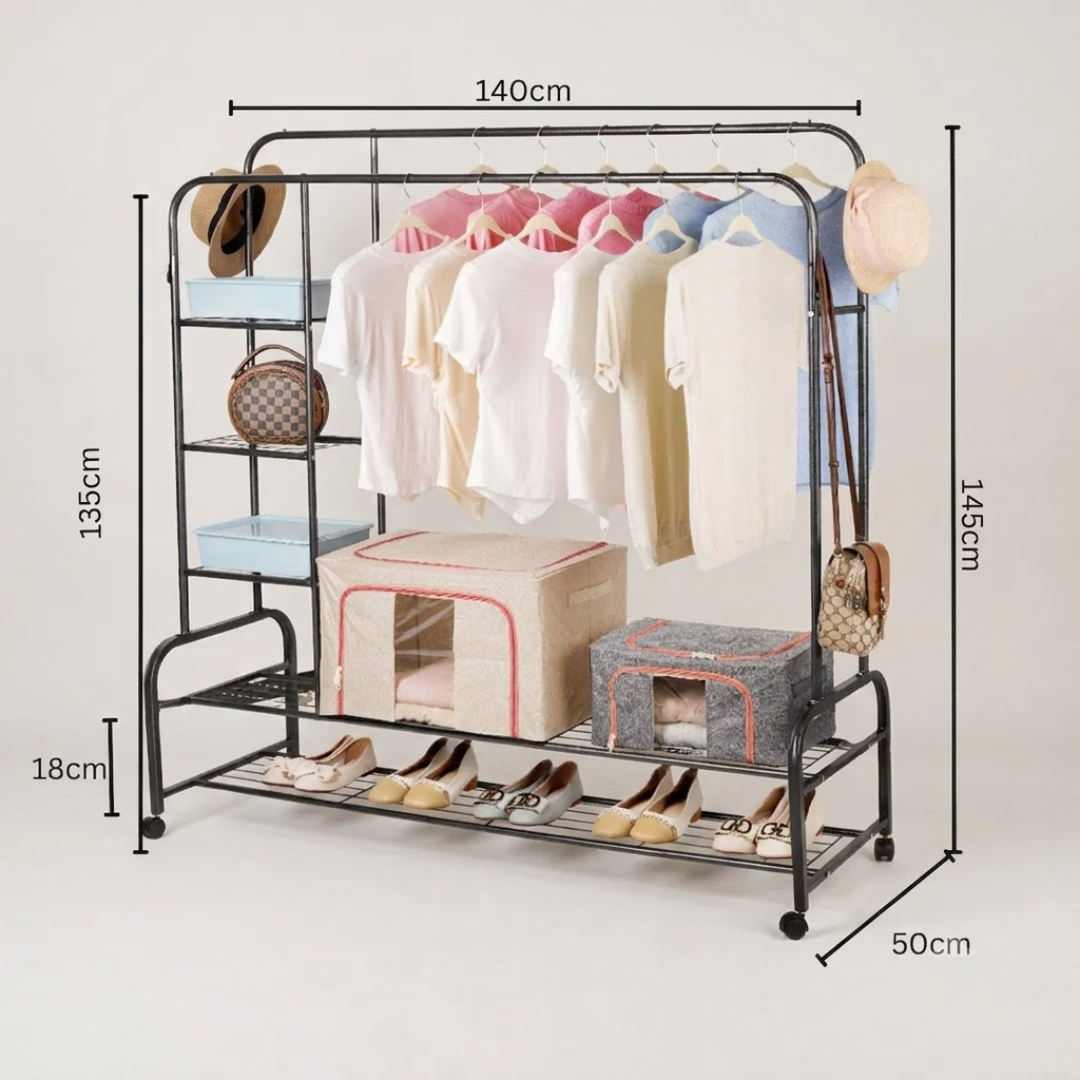 Multifunctional  Double Rail Garment Shoe Rack With Wheels