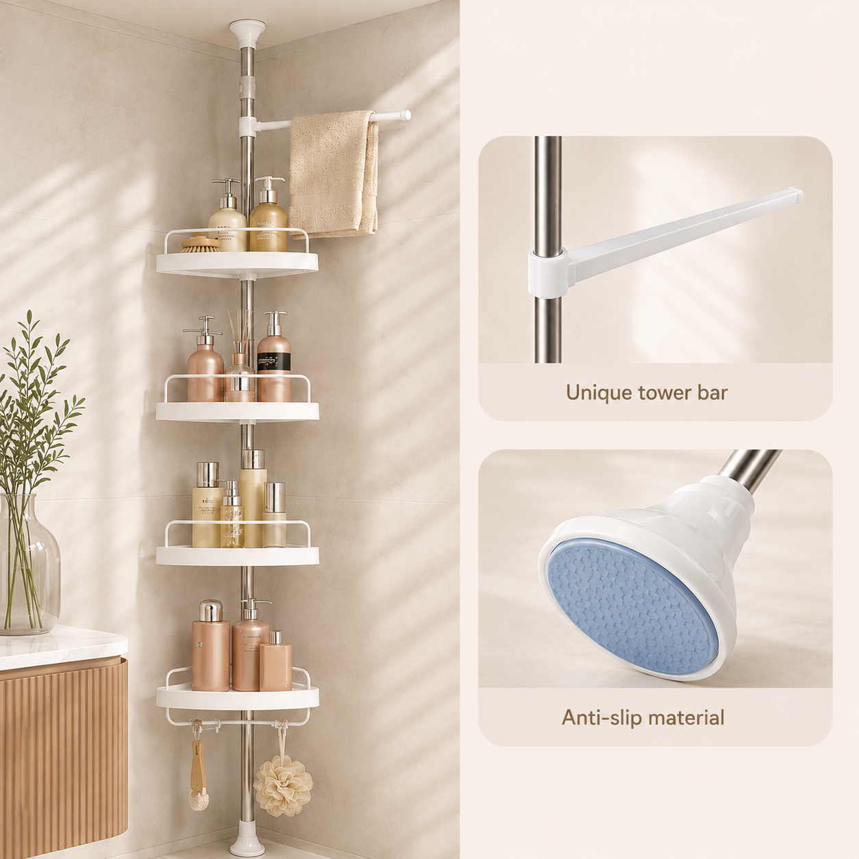 Multipurpose Bathroom Rack with Hooks and Towel Bar - 4 Tier