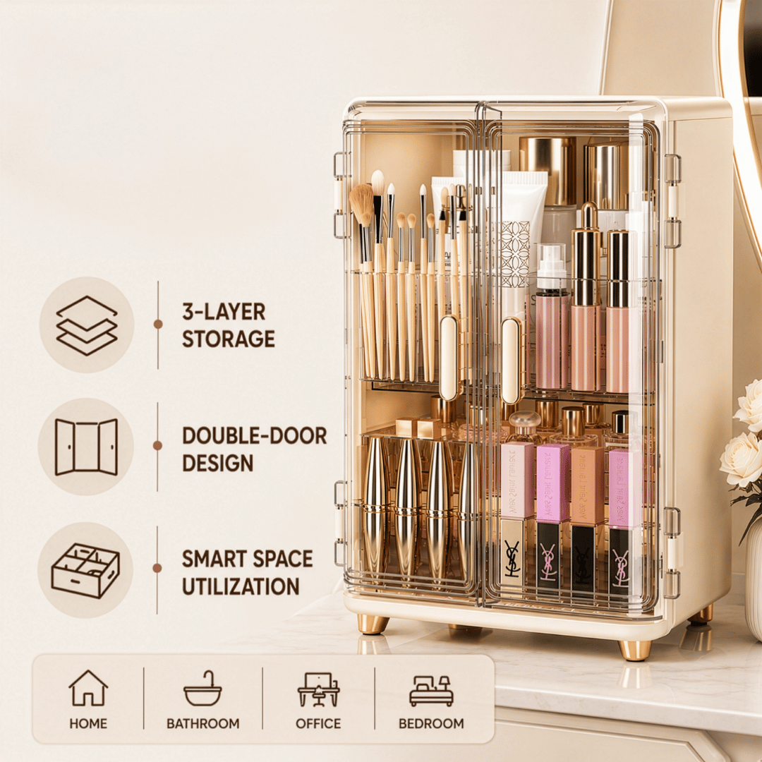 Three Layer Double Door Luxury Cosmetic Storage Organizer