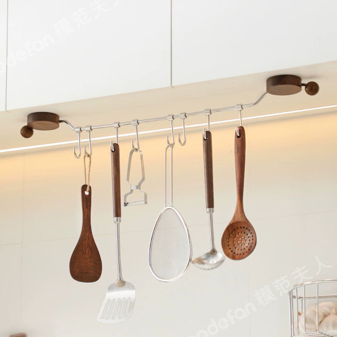 HOMERO Black Walnut Stainless Steel No-Drill Kitchen Organizer with Hooks