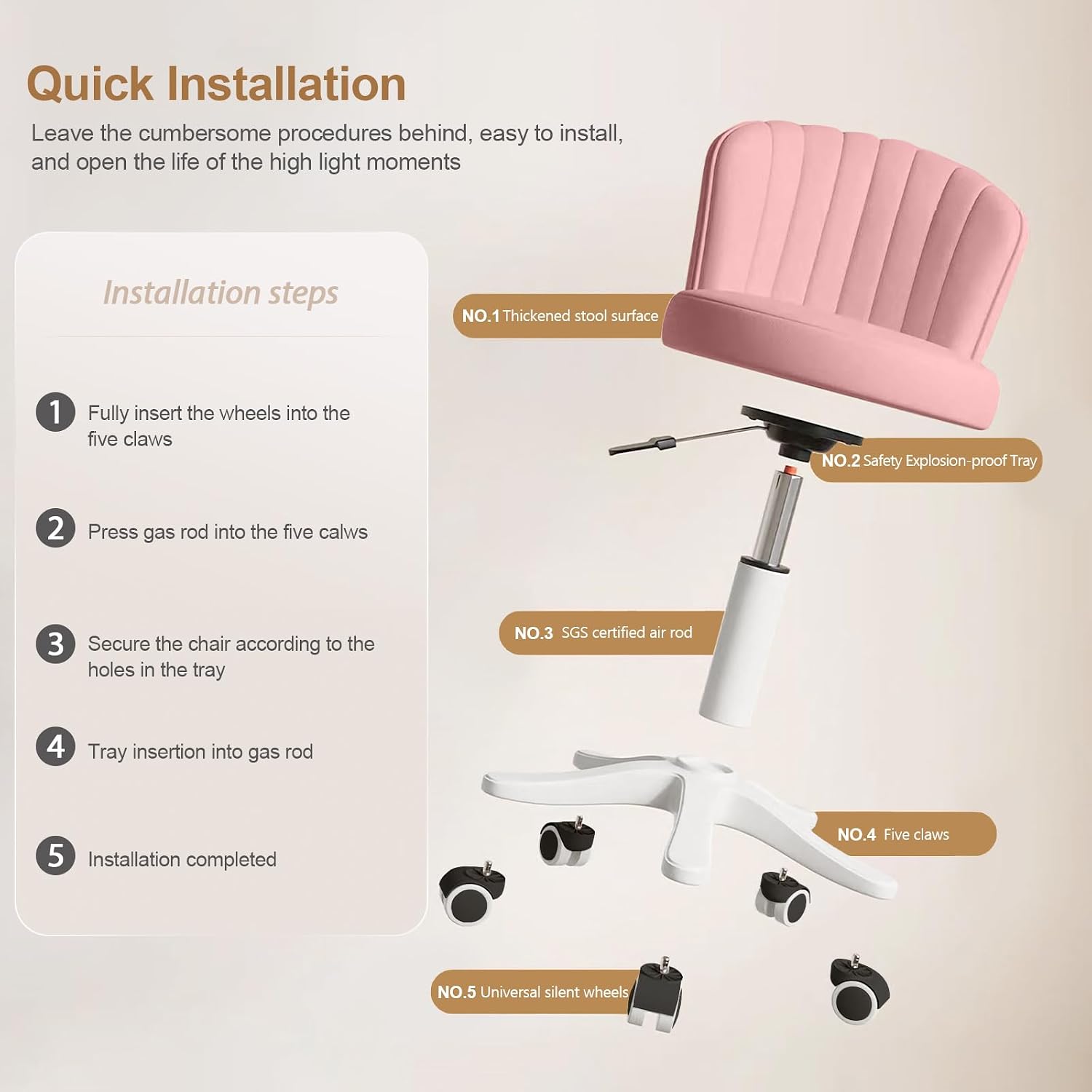PU Leather Cushion Round Rolling Desk Chair With Adjustable Height