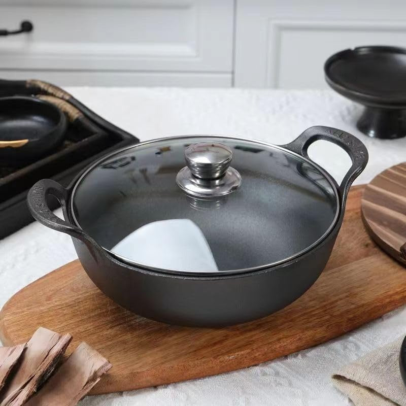 HOMERO Cast Iron Non Stick Kadai with Glass Lid - 25cm Cooking Size