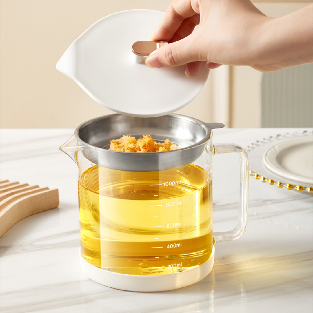 Homero Borosilicate Glass Oil Strainer Pot with Fine Mesh 1 Litre