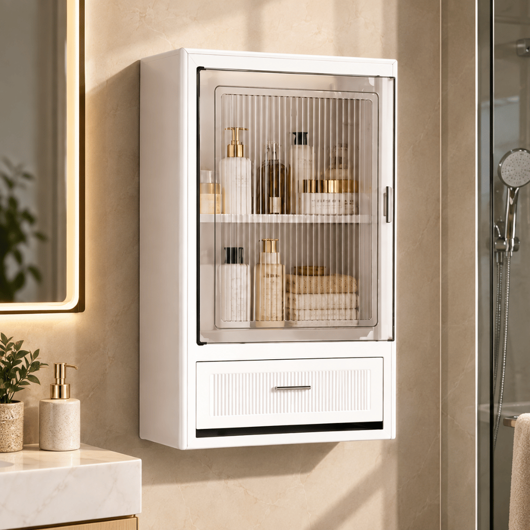 Wall Mounted Adjustable Shelves Storage Cabinet With Drawer & Magnetic Door