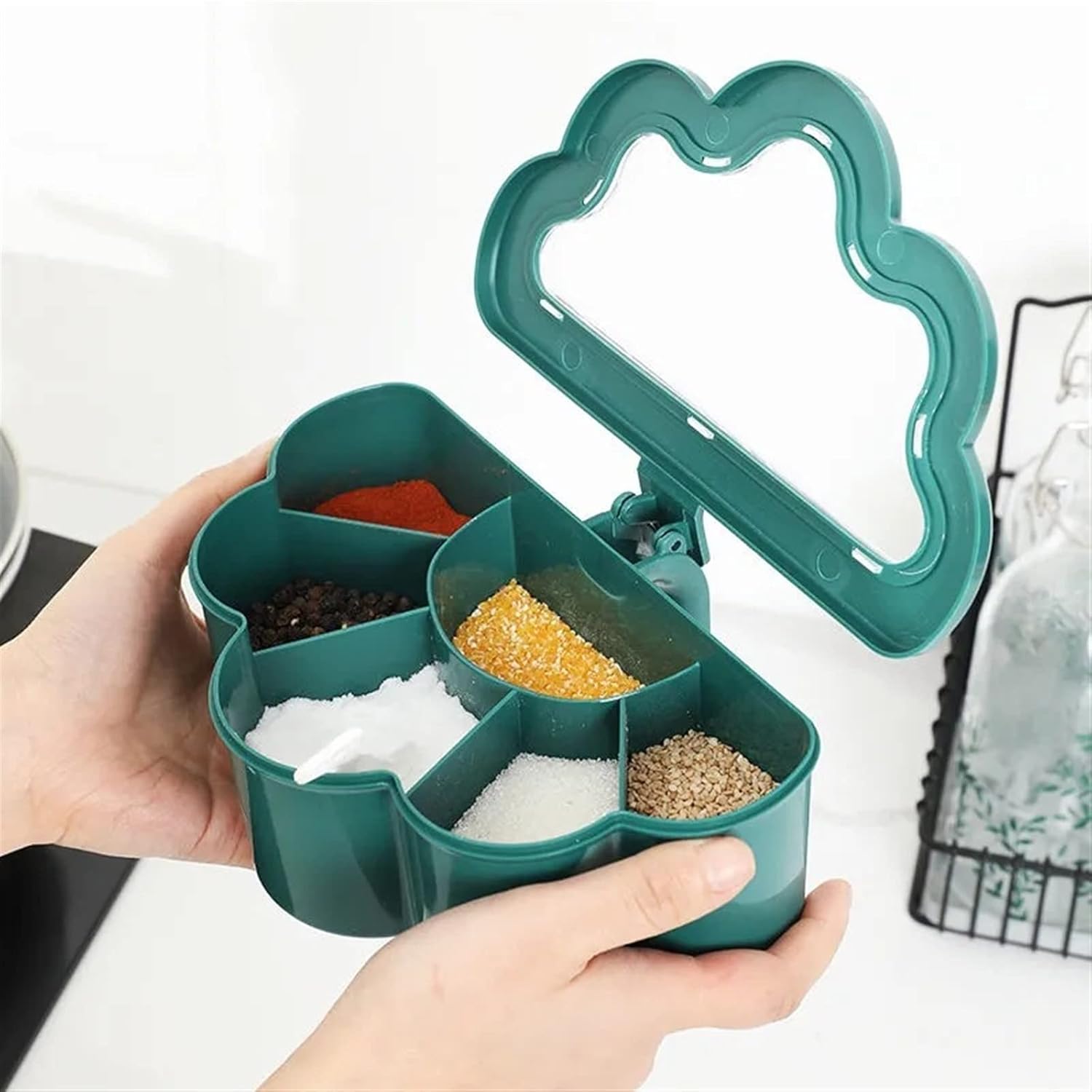 6 Compartment Spice Storage Box with Spoons Transparent Lid