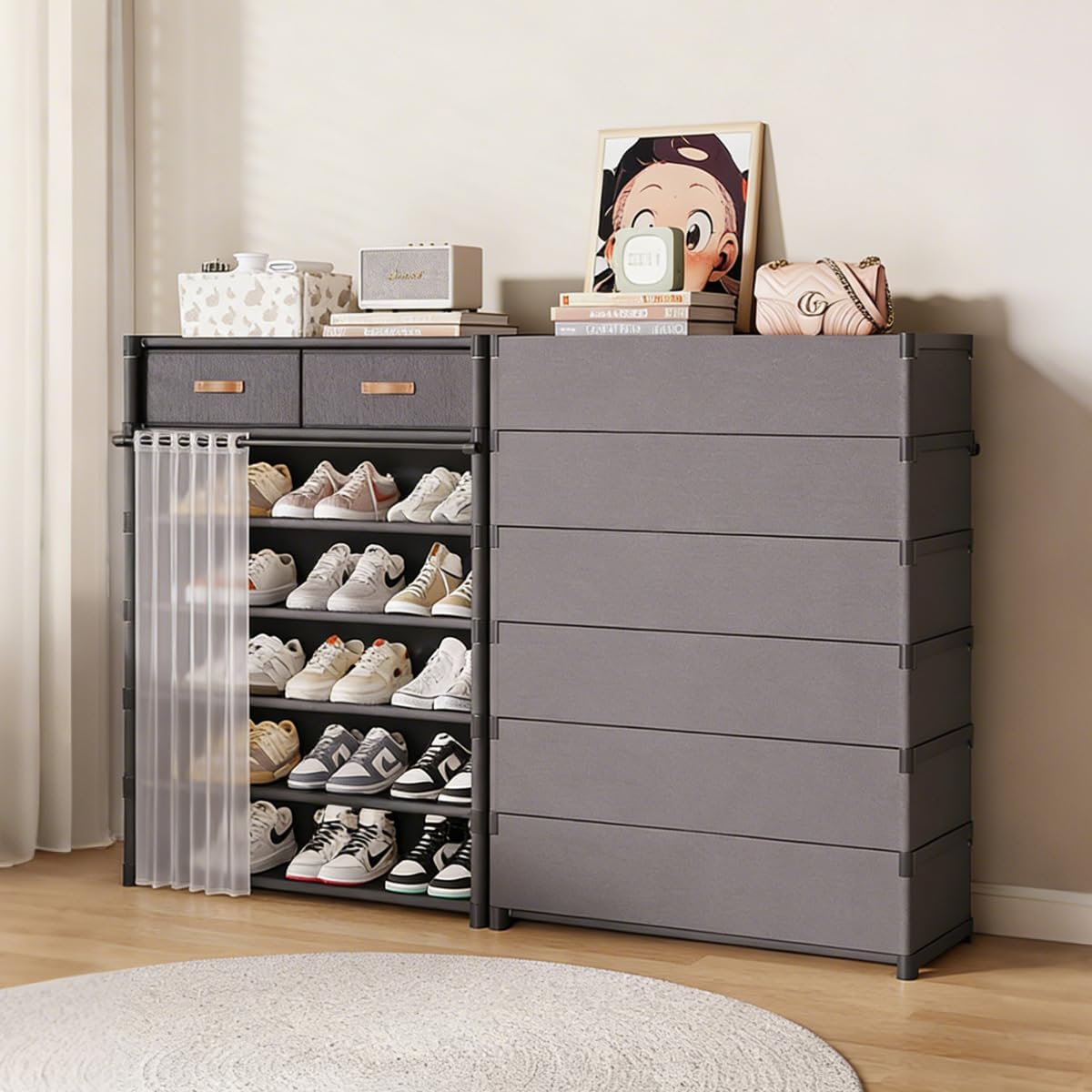 Multi Layer Shoe Organizer with Double Drawers and Sliding Curtain
