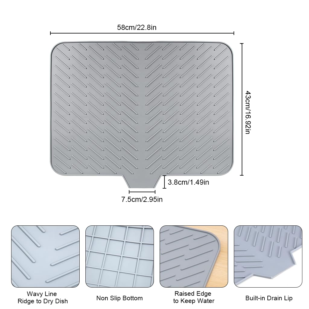 HOMERO Anti-Slip Silicone Quick-Drain Drying Mat with Sink Lip