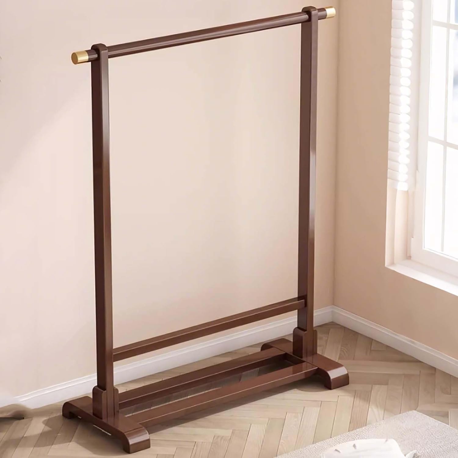Solid Bamboo Coat Rack Open Wardrobe Organizer Stand With Hanging Rail And Side Hooks