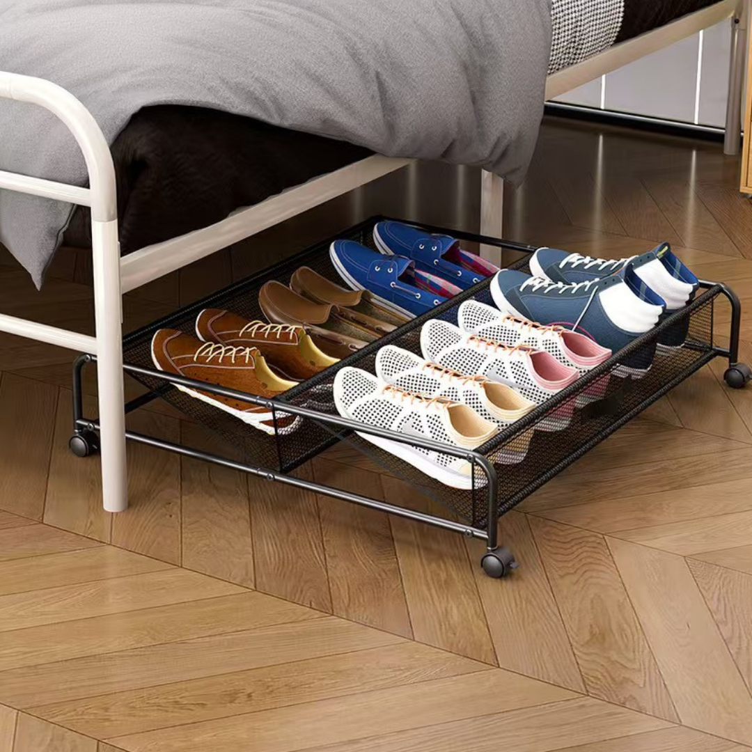 HOMERO Under Bed Shoe Storage Rack Metal Mesh Organizer with Rolling Wheels