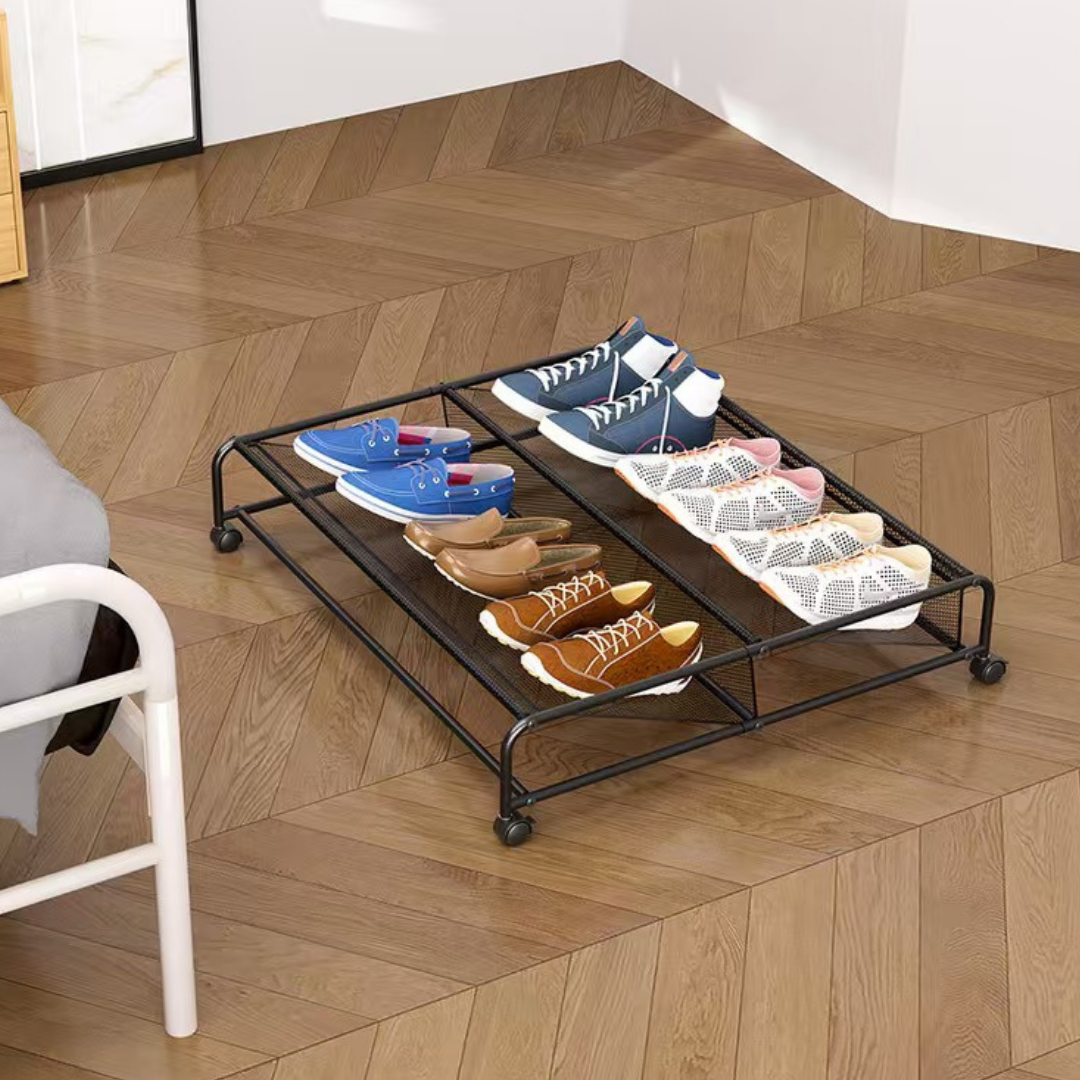 HOMERO Under Bed Shoe Storage Rack Metal Mesh Organizer with Rolling Wheels